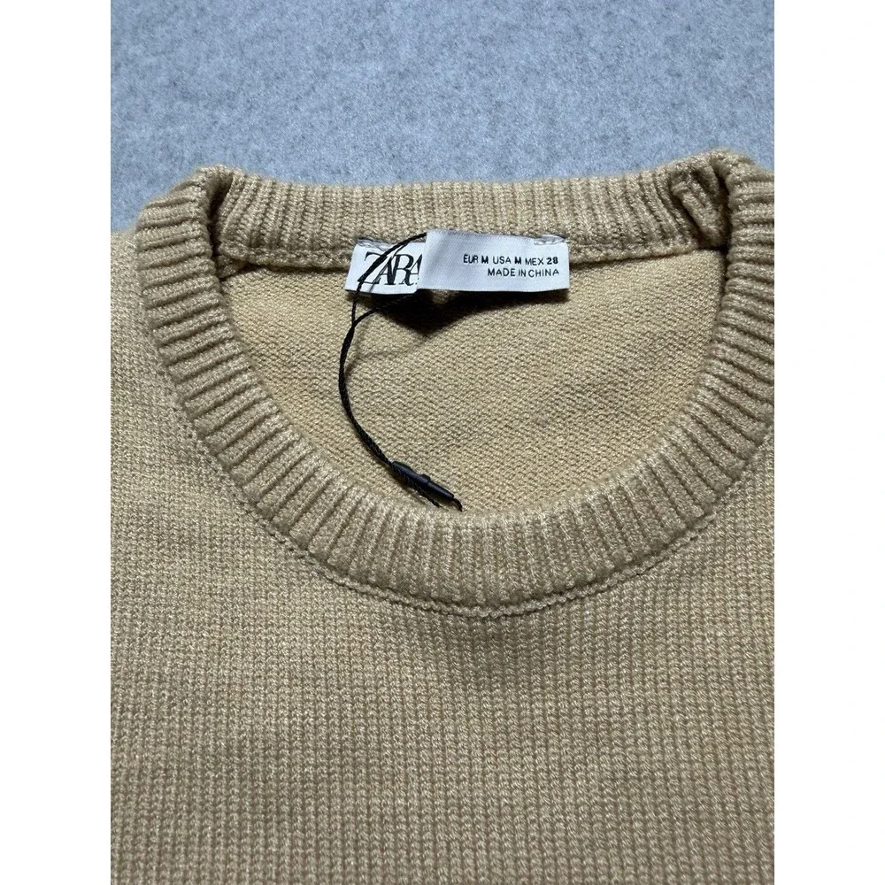 NWOT Zara Women’s Fitted Sweater Knit Short Sleeve Tan Size M
